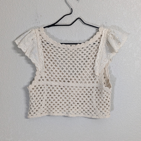 Zara Woman Ivory Cream Crochet Crop Top Bralette Cap Flutter Sleeve Summer M - Picture 3 of 9